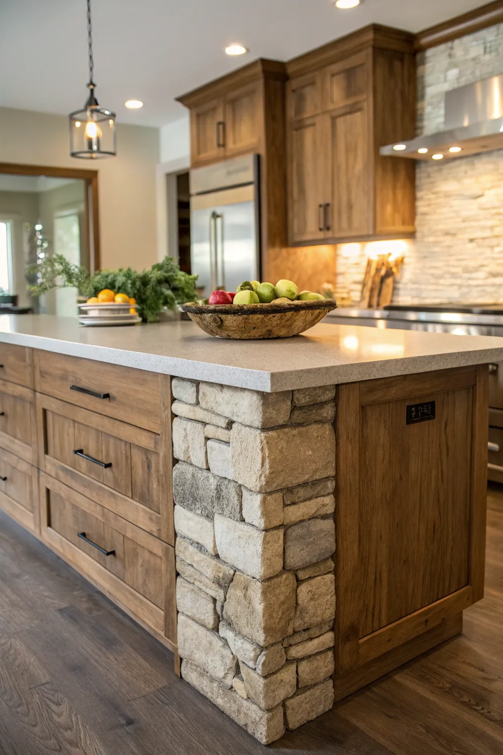A kitchen island showcasing the beautiful contrast of stone and wood elements.