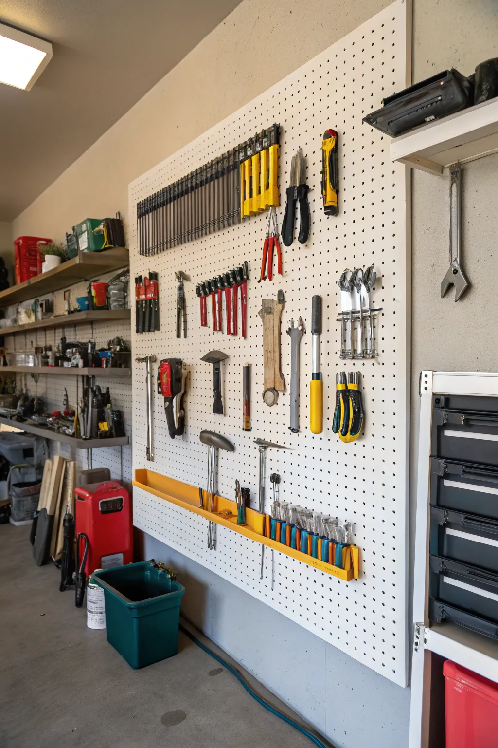 Pegboard walls provide an organized space for tools.