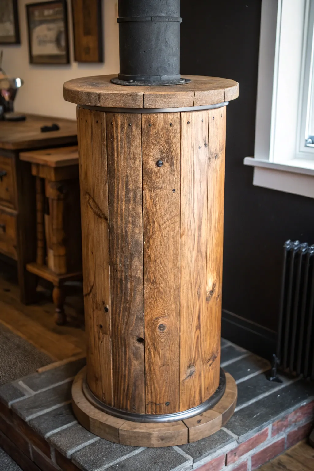 Embrace rustic elegance with a handcrafted barn wood stove pipe cover.