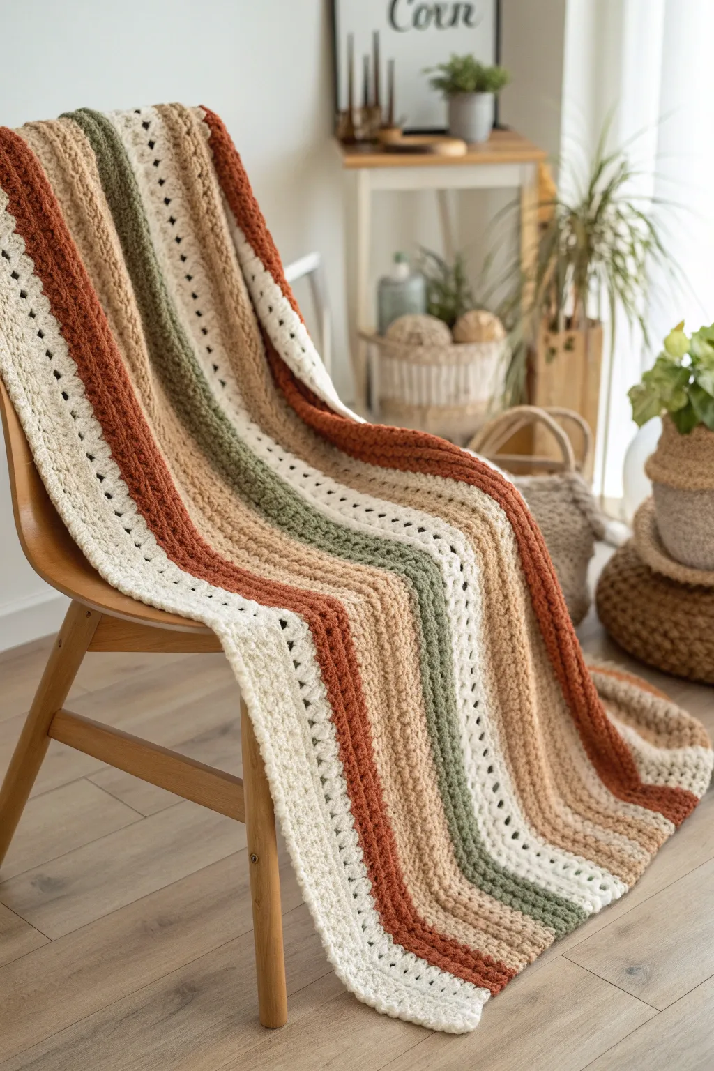 Wrap yourself in the warmth of earth tones with this stunning striped crochet blanket. Perfect for adding a cozy touch to any minimalist space.
