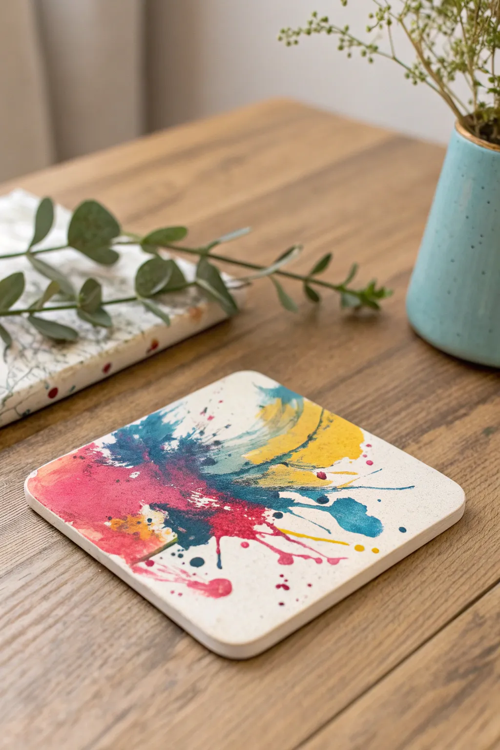 Add a splash of creativity to your decor with this vibrant abstract coaster, where art meets functionality.