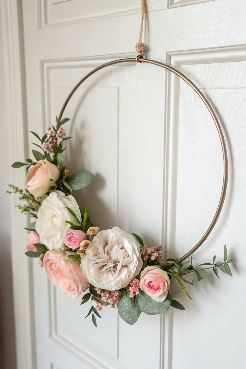 Elevate your summer decor with this chic Floral Hoop Wreath, blending minimalist charm with boho elegance.