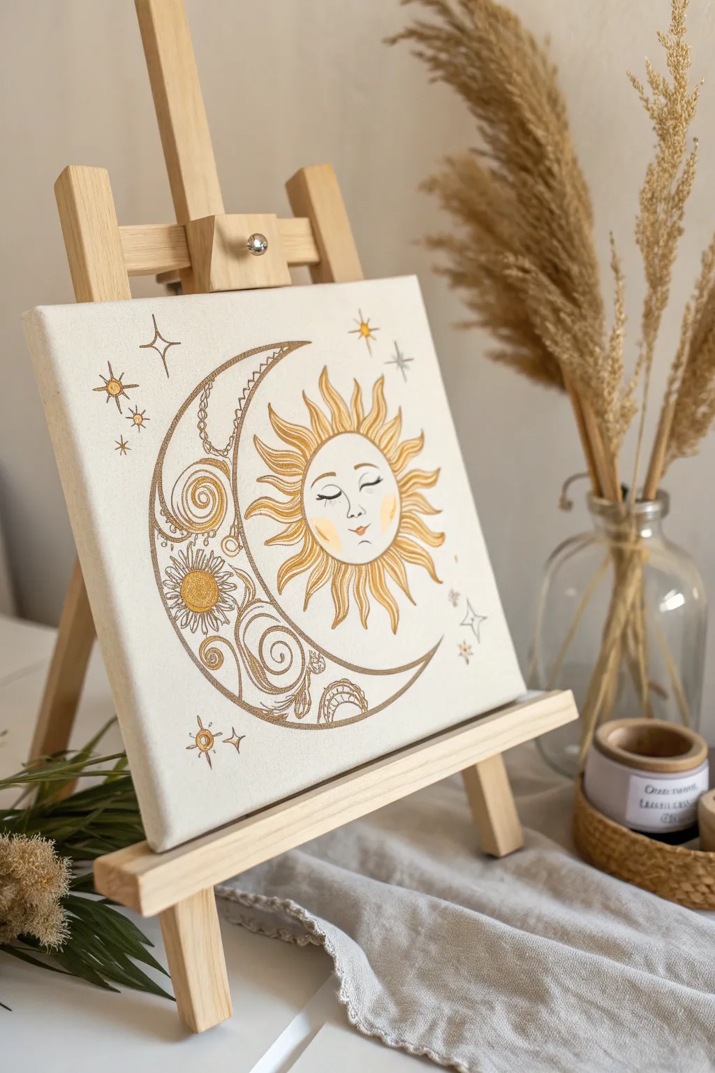 Embrace celestial harmony with this sun and moon painting, perfect for adding a whimsical touch to your minimalist space.