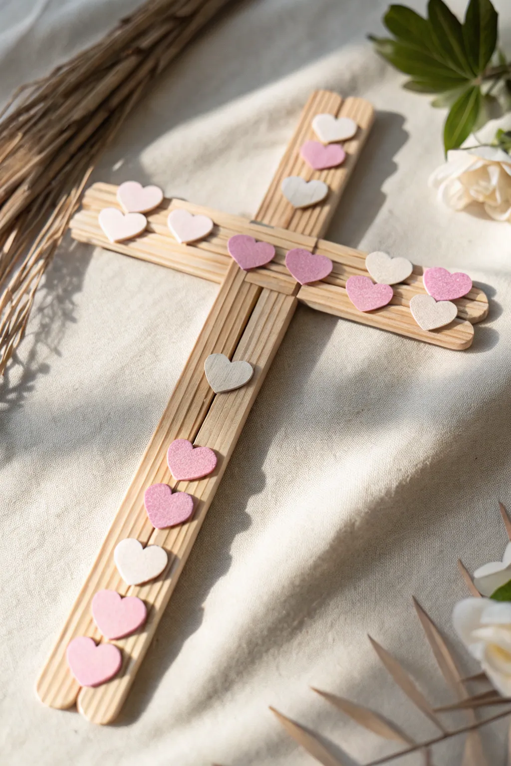 Embrace the intersection of love and faith with this charming popsicle stick cross.