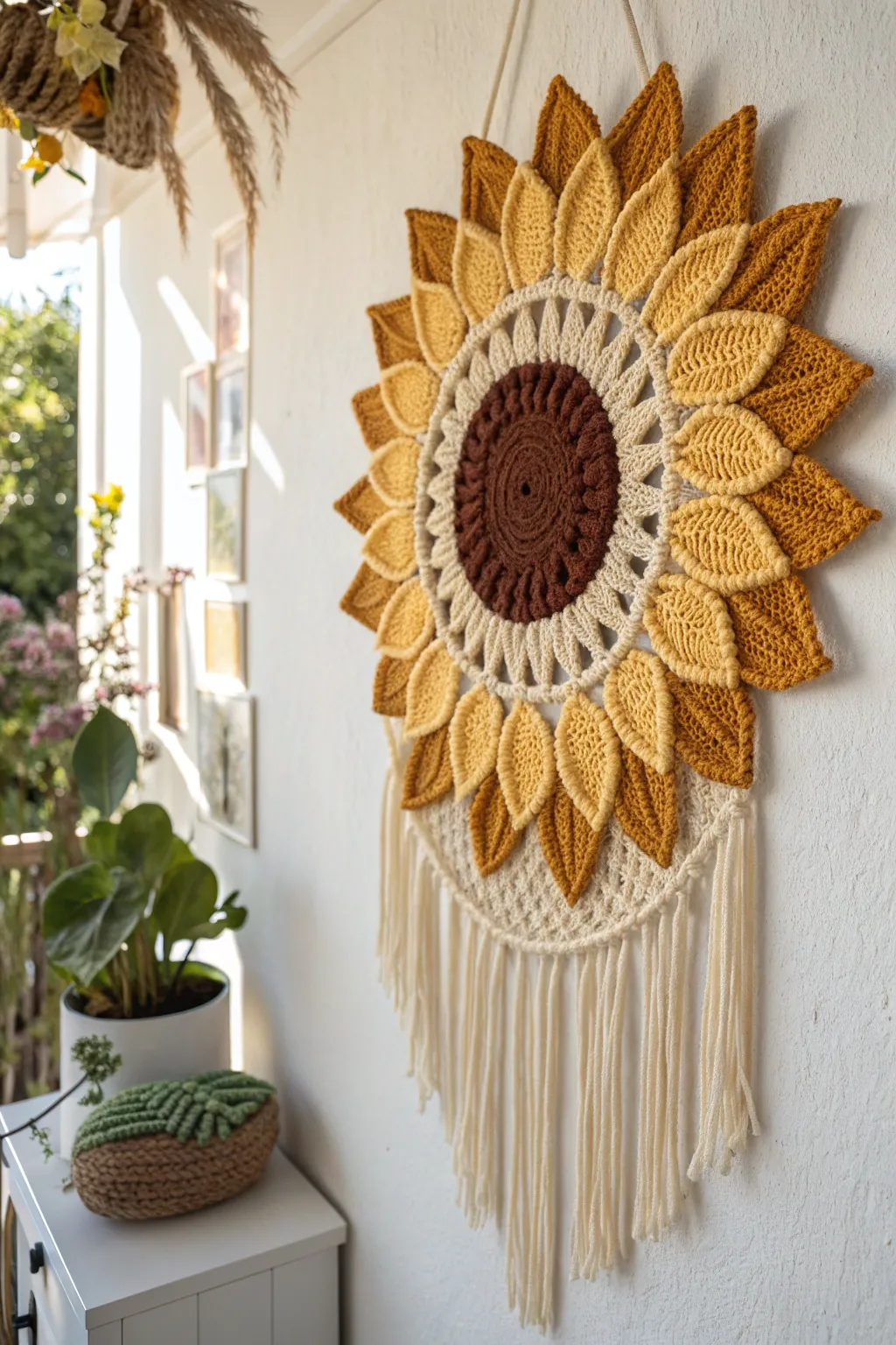 Bring a touch of sunshine indoors with this stunning sunflower crochet wall hanging—perfect for brightening any space with handcrafted charm.