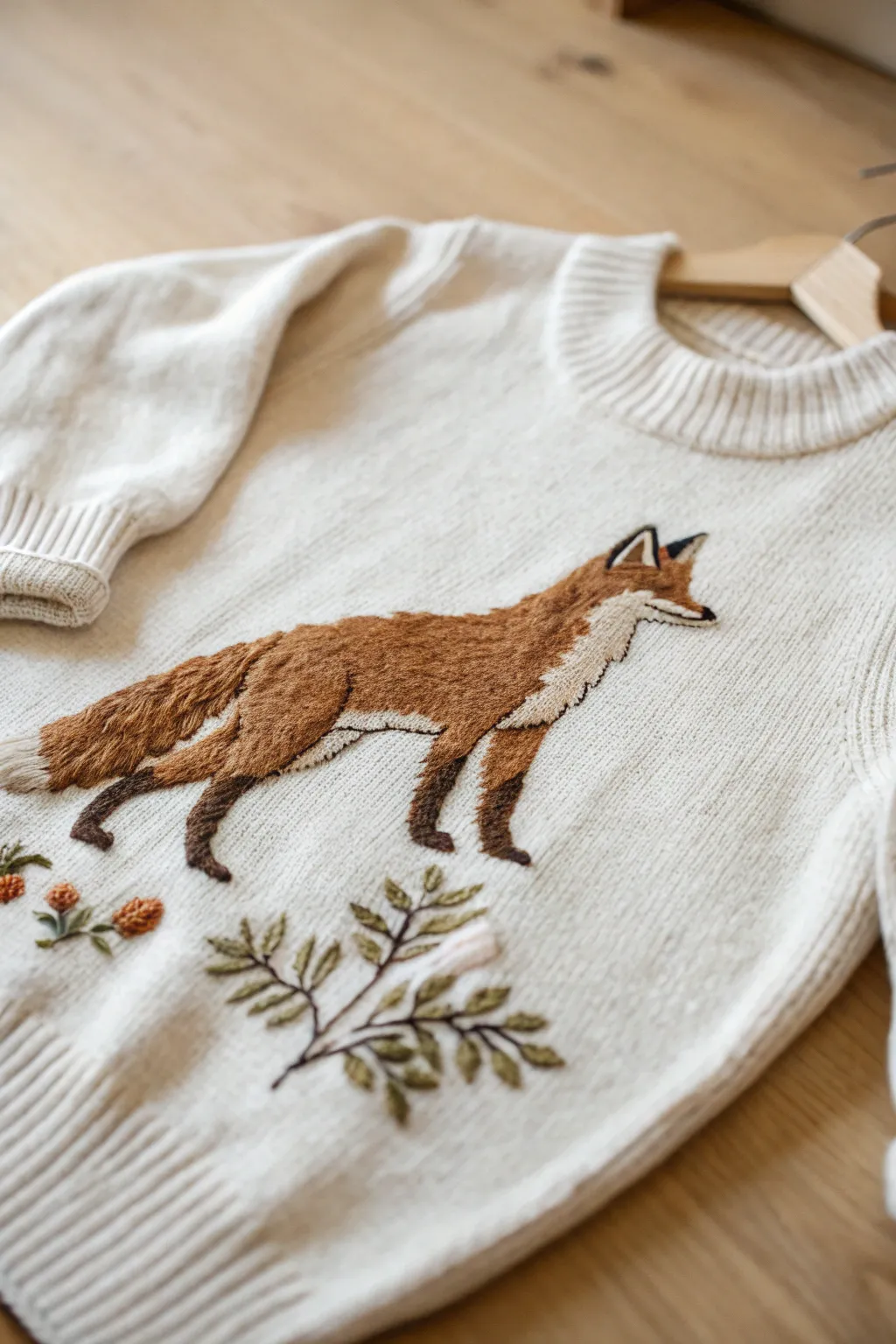 Embrace whimsy with fauna-inspired embroidery on your cozy sweater.