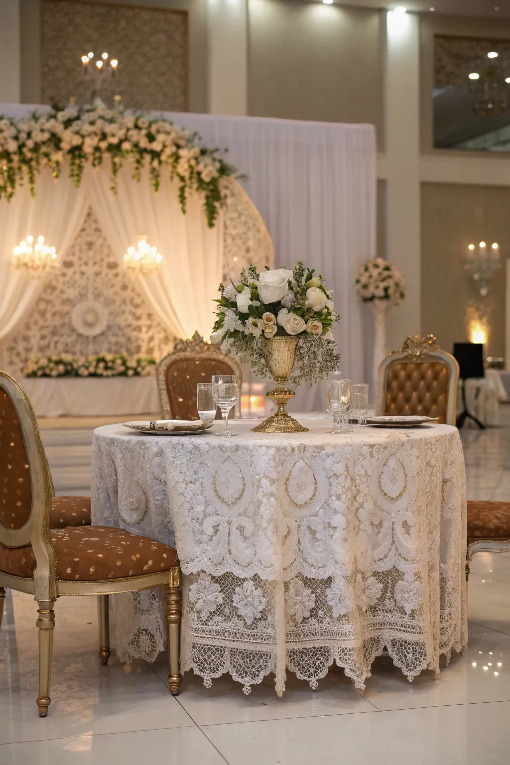 Wedding-inspired table skirts add a touch of romance and luxury.