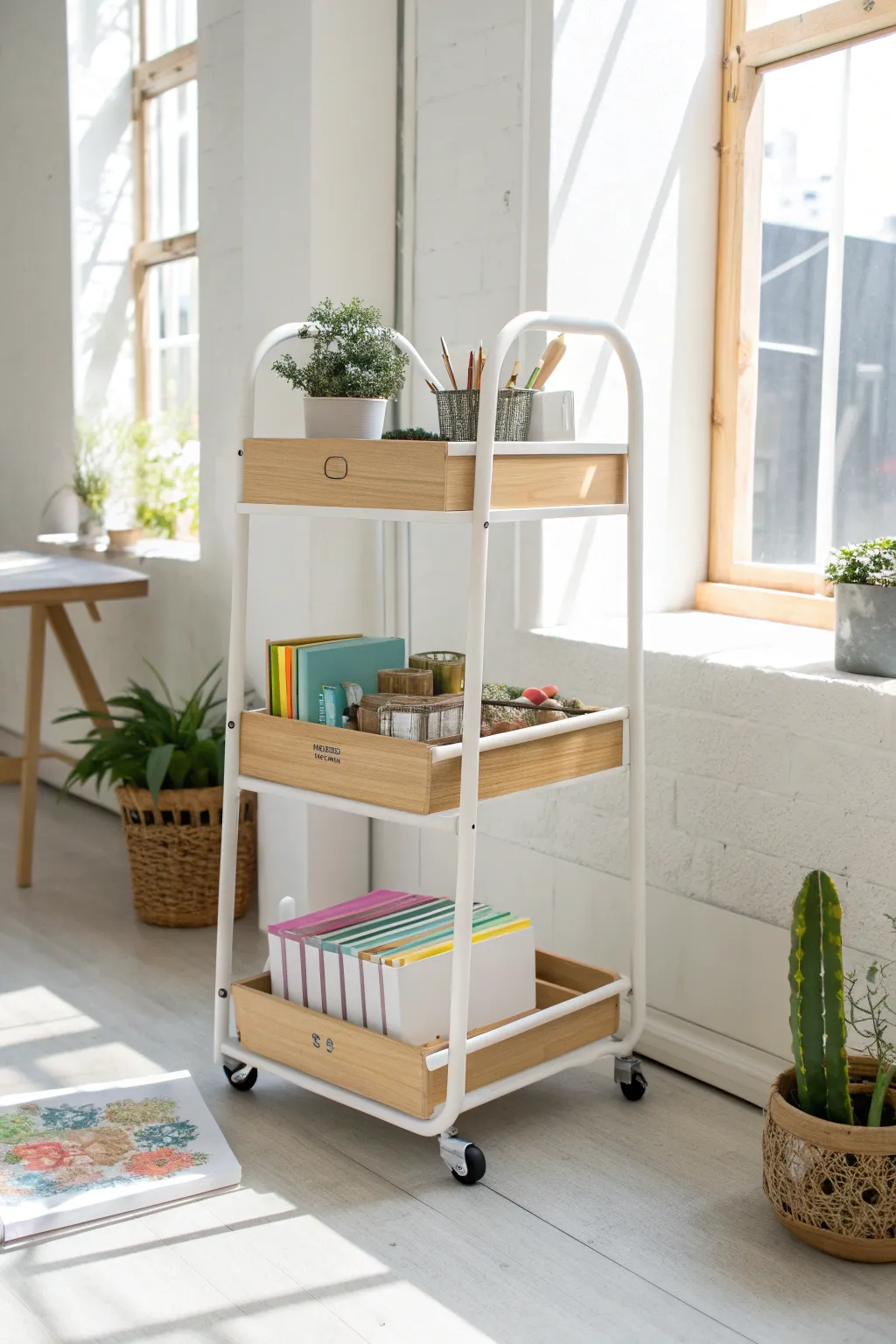 Organize with Elegance: This minimalist rolling cart brings style and flexibility to your classroom space.