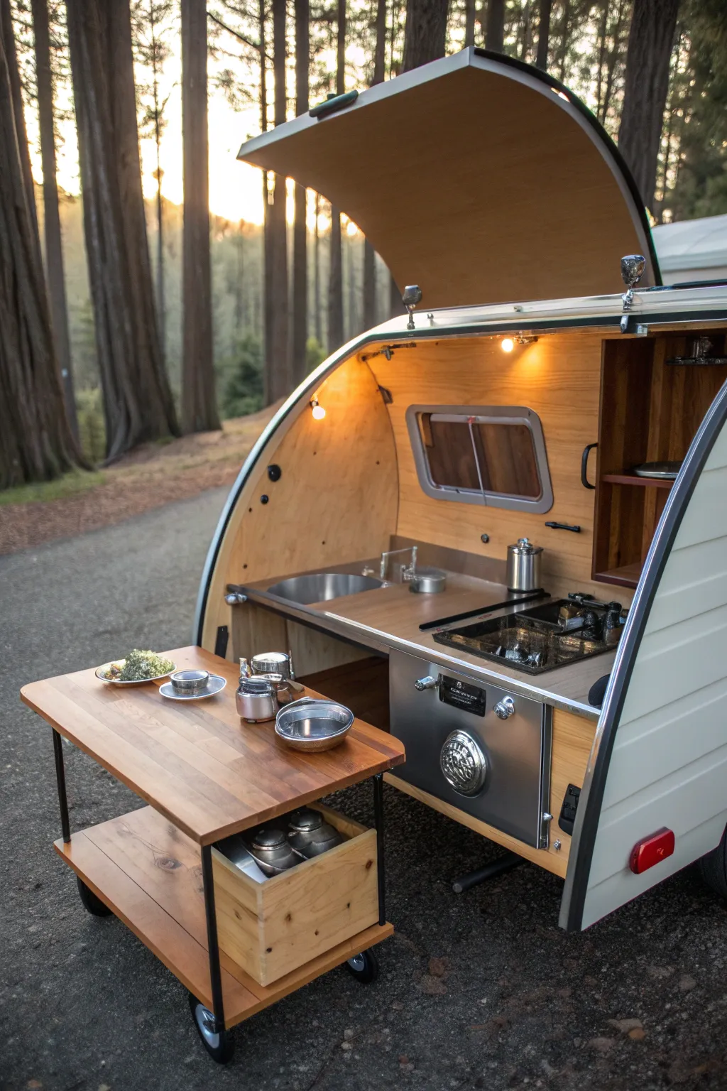 Discover the art of outdoor cooking with this stunning rear hatch kitchen setup in a teardrop camper.