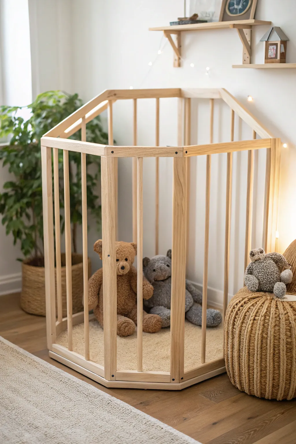 Embrace minimalism with a touch of boho charm: organize your plush pals in style with a corner cage.