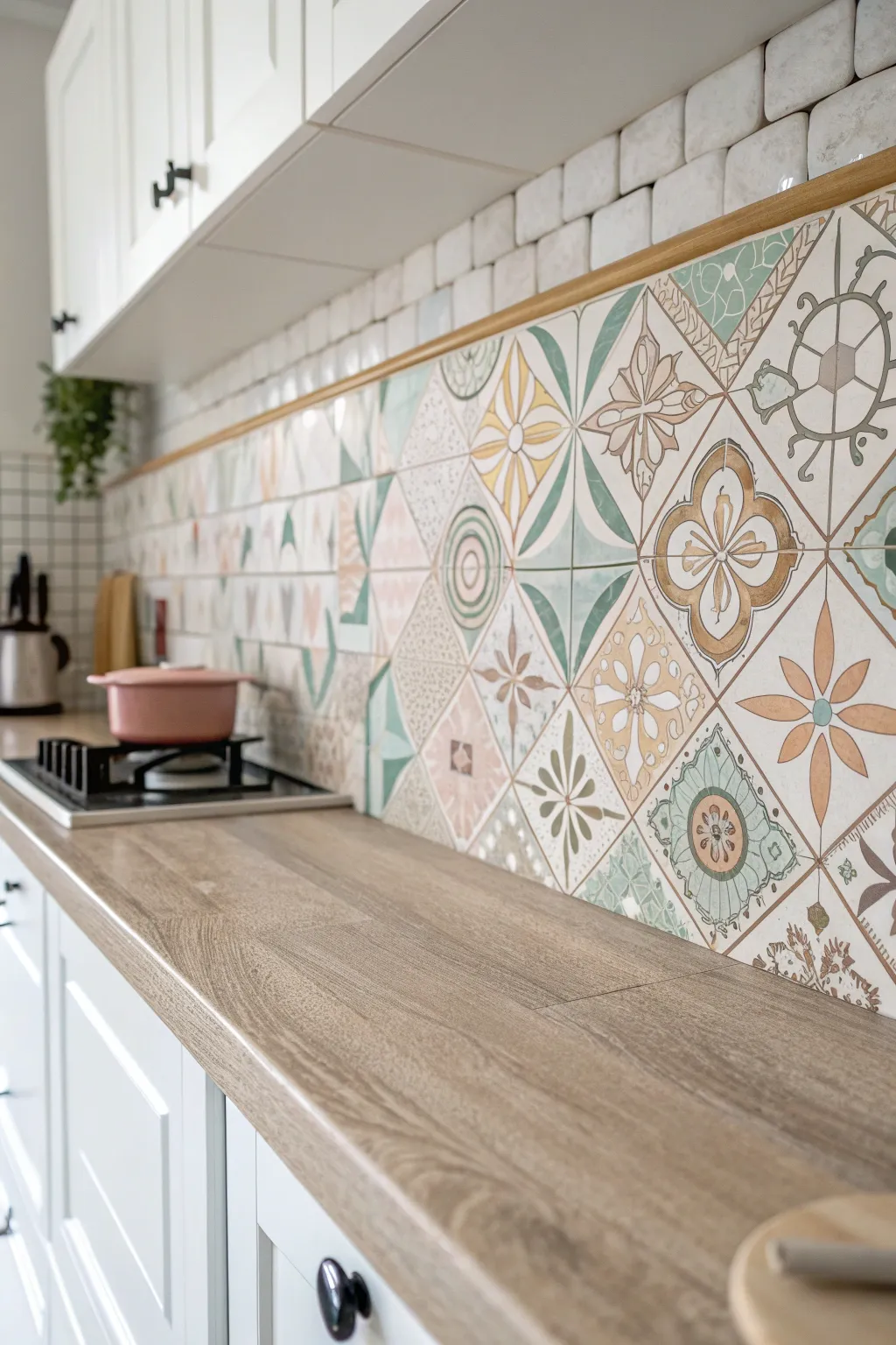Transform your kitchen with the artful allure of geometric patterns—a temporary backsplash that speaks volumes in style and simplicity.
