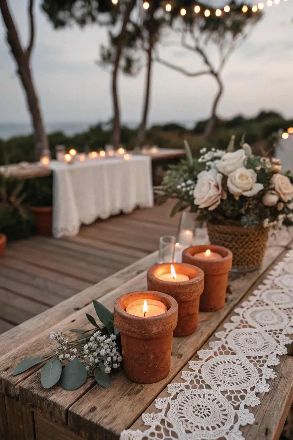 Terracotta candle holders illuminate the table with a warm glow.