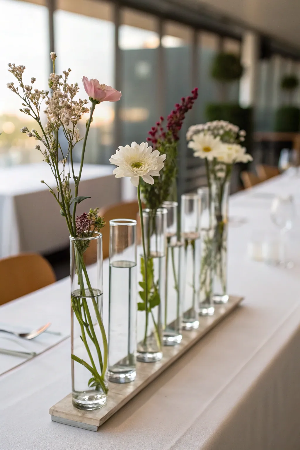 Minimalist table centerpieces with test tubes add a sleek touch to any gathering.