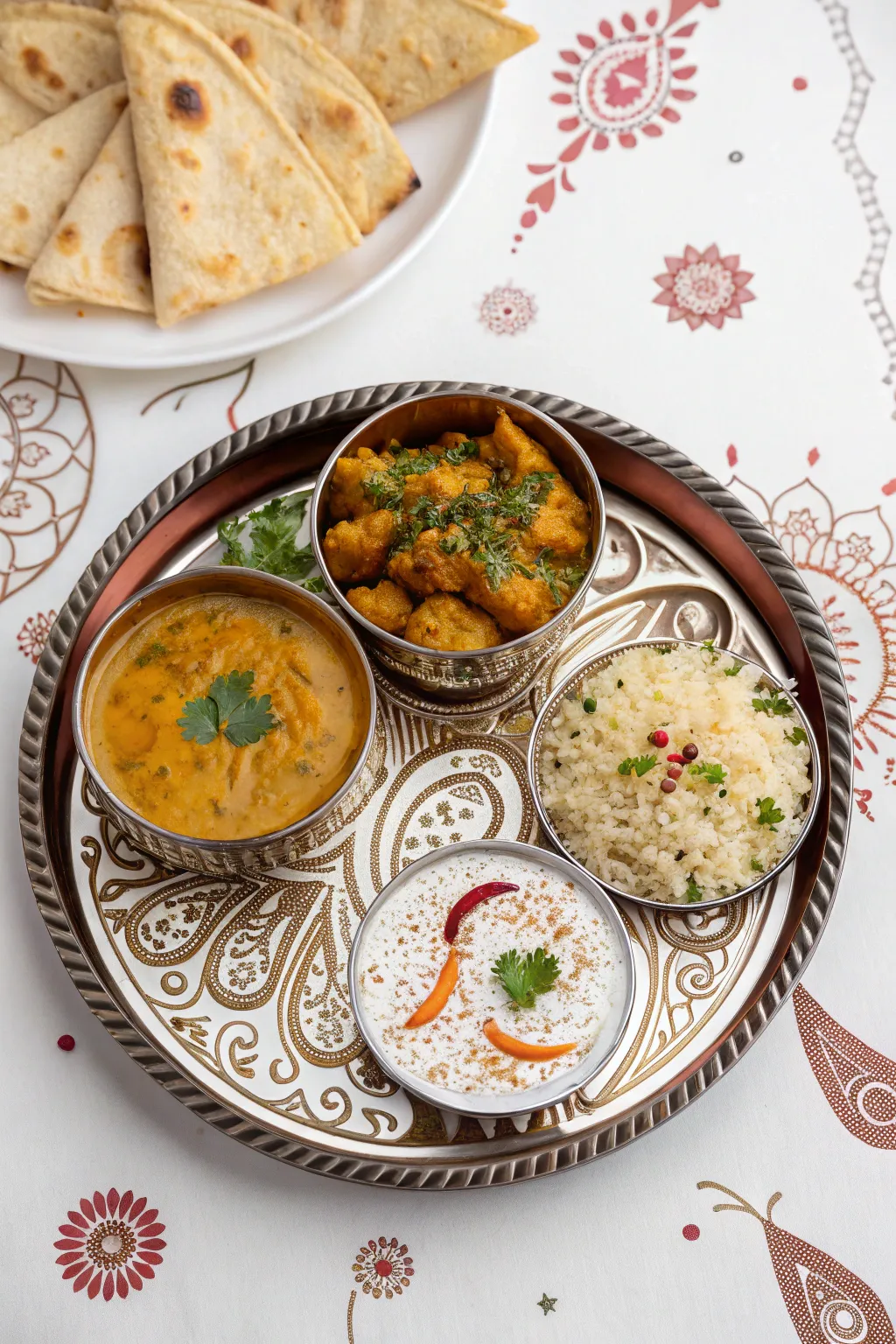 A thali featuring detailed henna designs for an artistic flair.