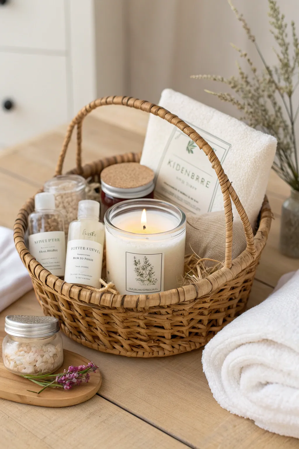 Indulge in a serene spa experience with this beautifully curated gift basket.