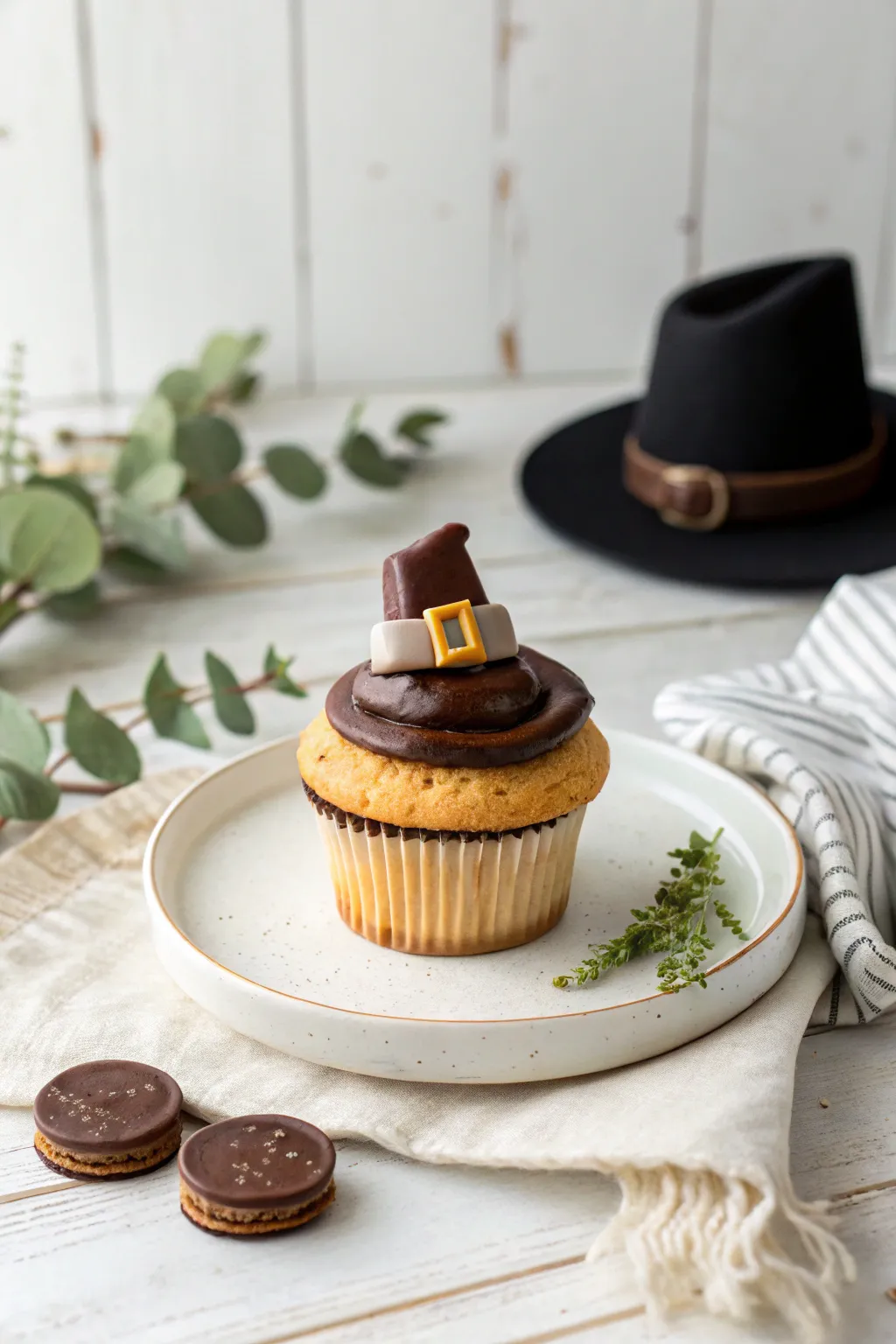 Celebrate Thanksgiving with style and sweetness: a pilgrim hat cupcake that's as charming as it is delicious.