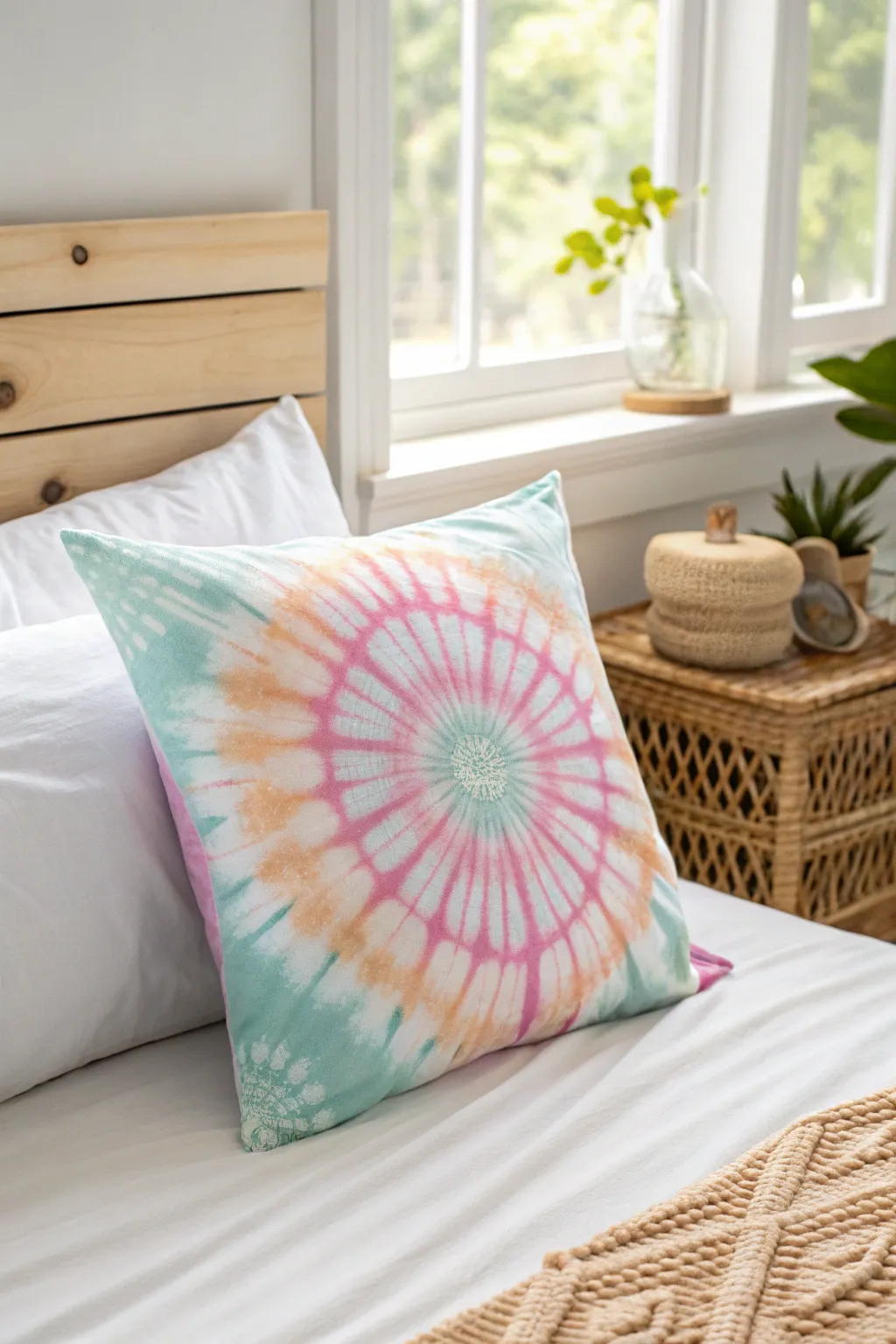 Add a pop of color to your bedroom with a vibrant tie dye throw pillow. A simple yet striking touch for a Boho-Scandinavian vibe.