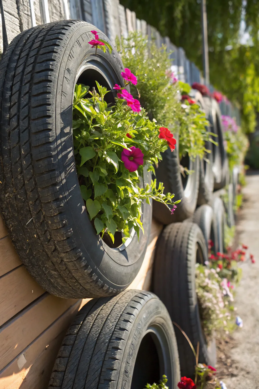 Transform your space with a tire planter fence — where sustainability meets stunning craftsmanship.