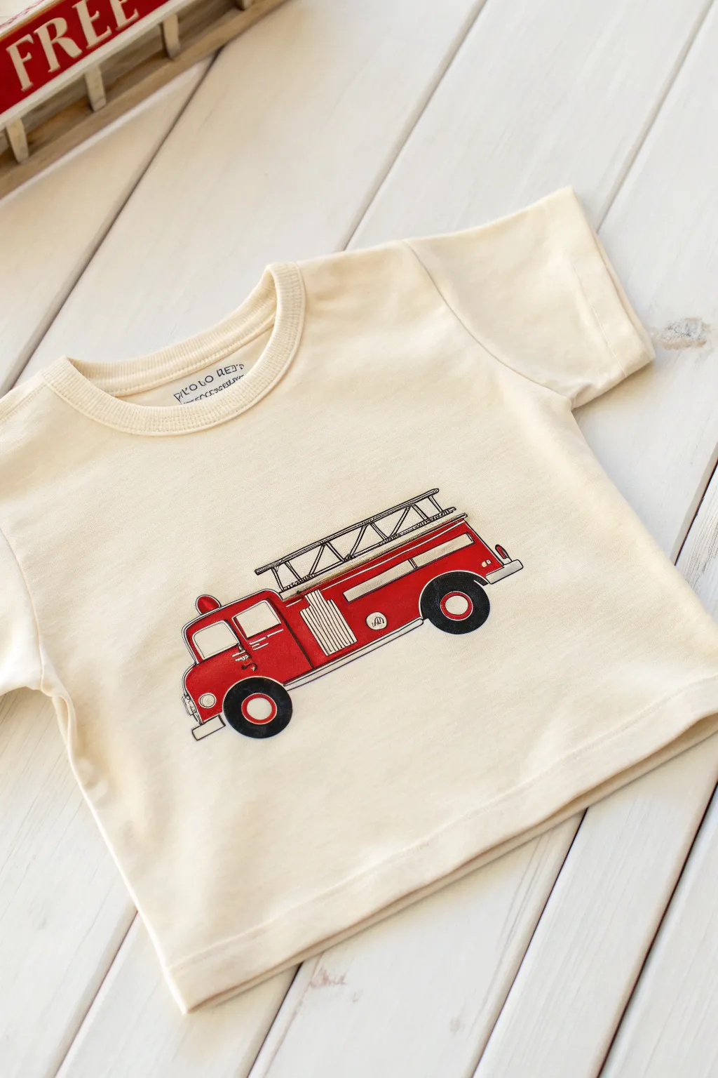 Ignite their imagination with minimalist style: a charming fire truck shirt for little vehicle enthusiasts.