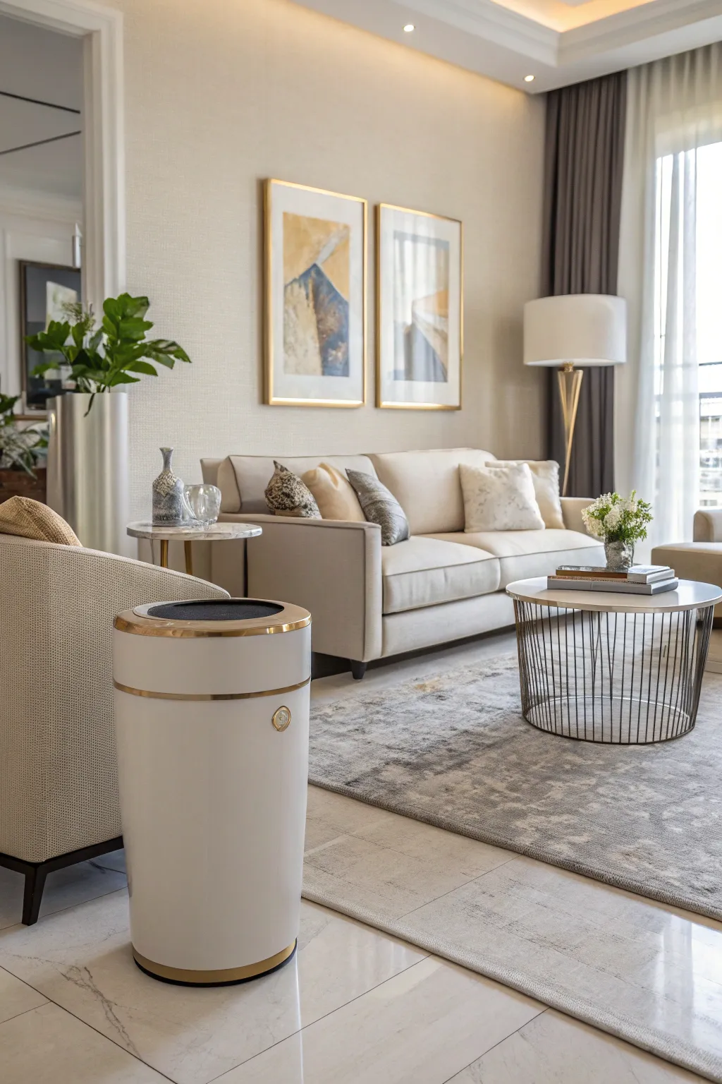 A chic living room featuring a stylishly designed trash can.