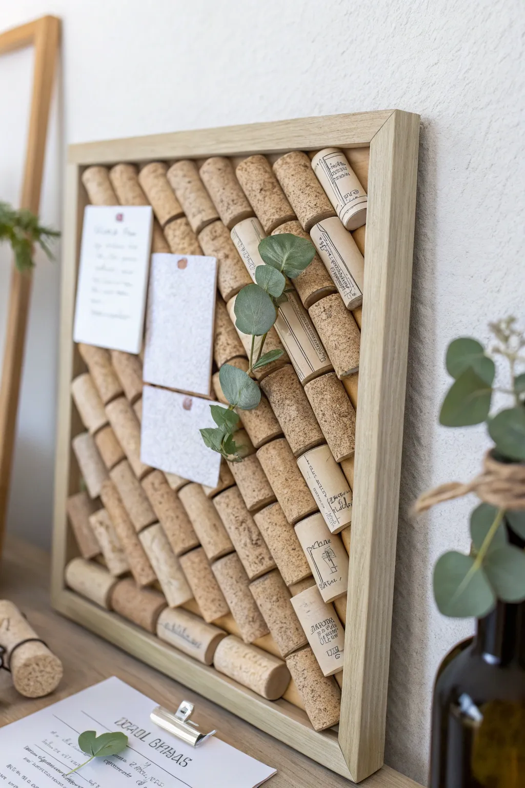 Transform wine corks into a chic bulletin board for a unique touch of craftsmanship in your home office.
