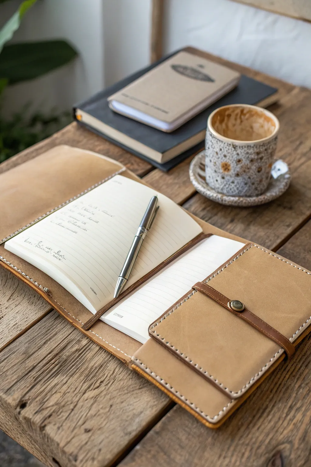 Capture your thoughts and dreams in a minimalist traveler's notebook – your daily moment of serenity.