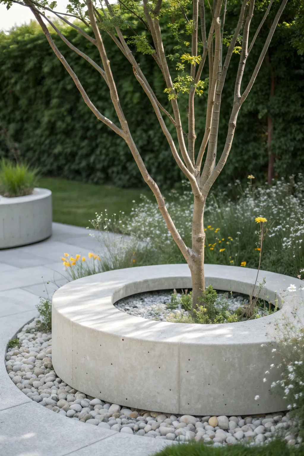 Embrace modern elegance with a sleek concrete tree ring, merging minimalist design with natural beauty.