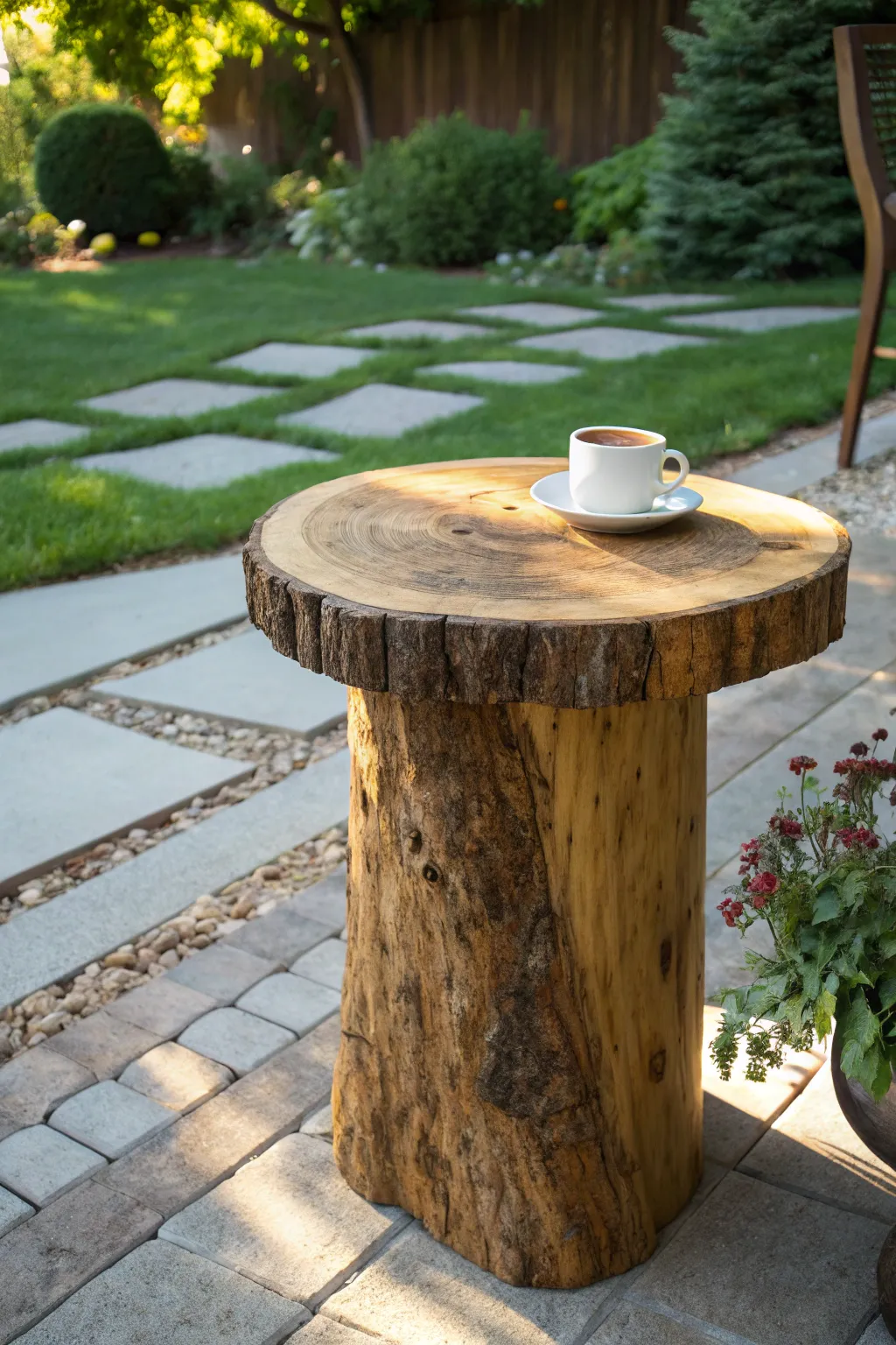Embrace the charm of nature with this handcrafted tree stump table, your perfect patio companion.