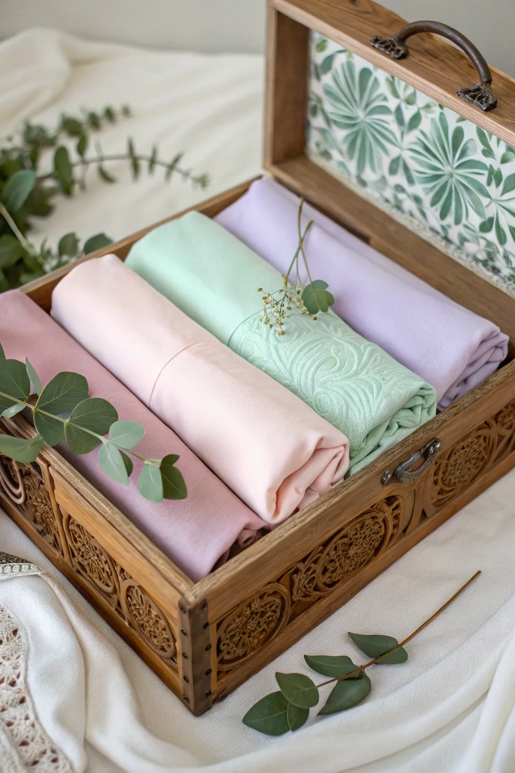 Elevate your trousseau with serene pastel hues and artisanal charm for a seamless, elegant presentation. 🌿✨
