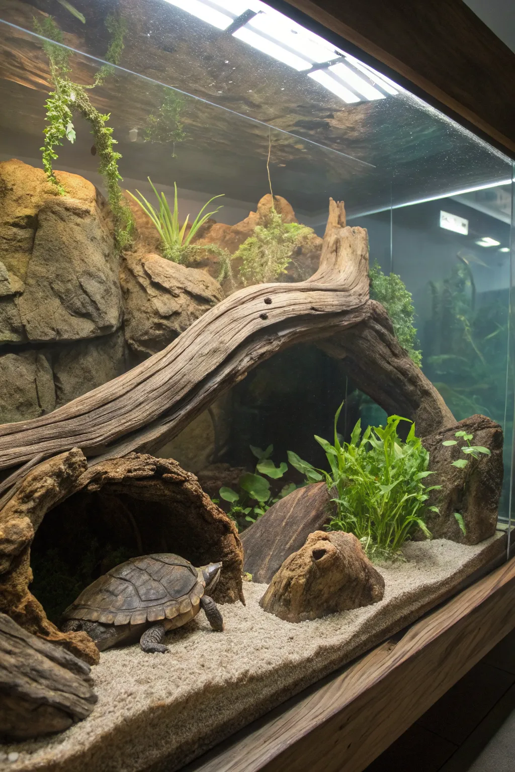 Driftwood adds a dramatic texture and climbing opportunities for turtles.
