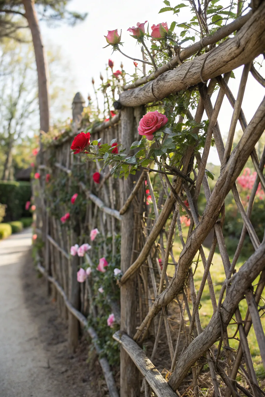 A masterpiece of nature and craftsmanship: the lattice branch fence with climbing roses.