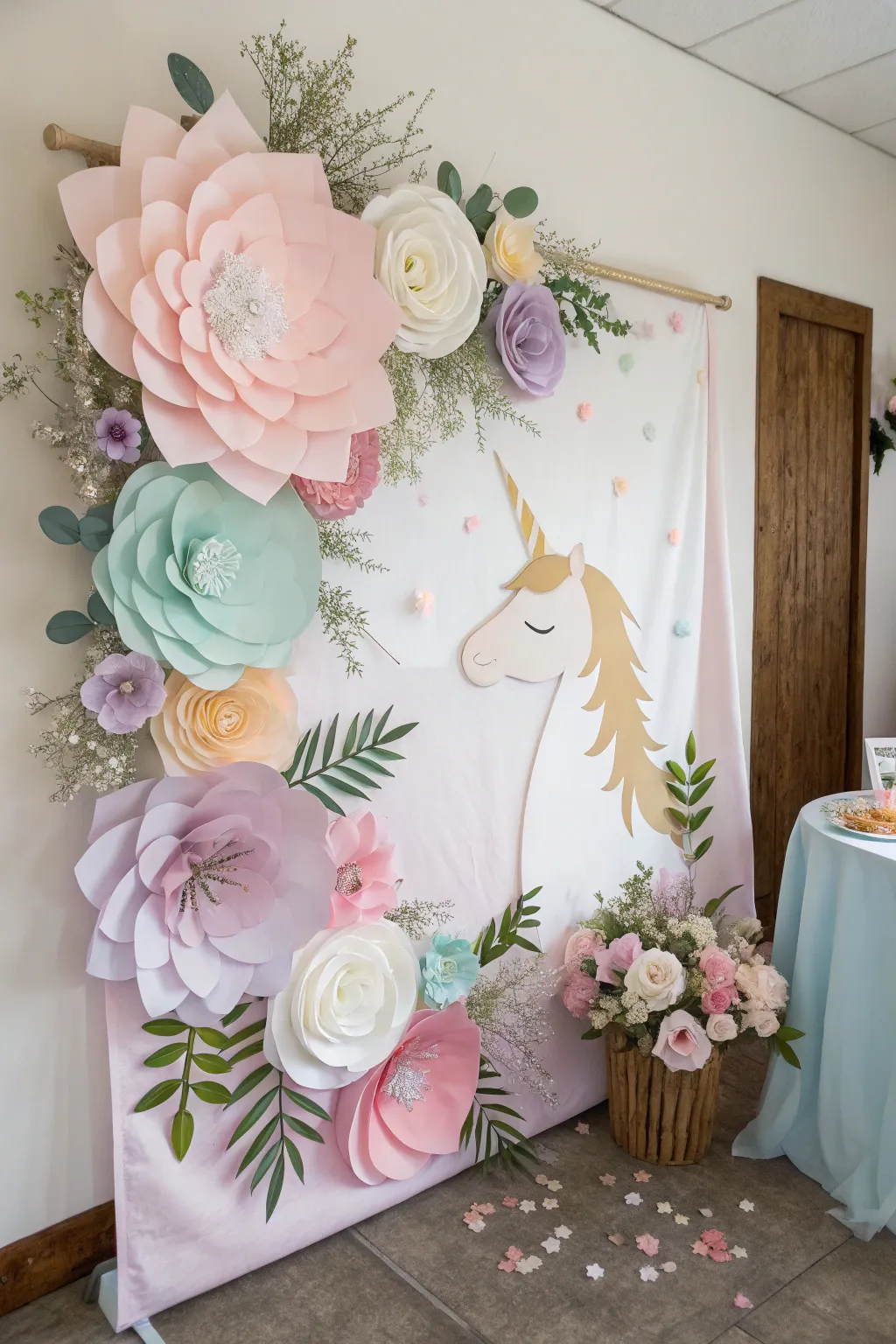 Embrace the magic of a Floral Fantasy with this stunning unicorn backdrop, where elegance meets natural beauty.