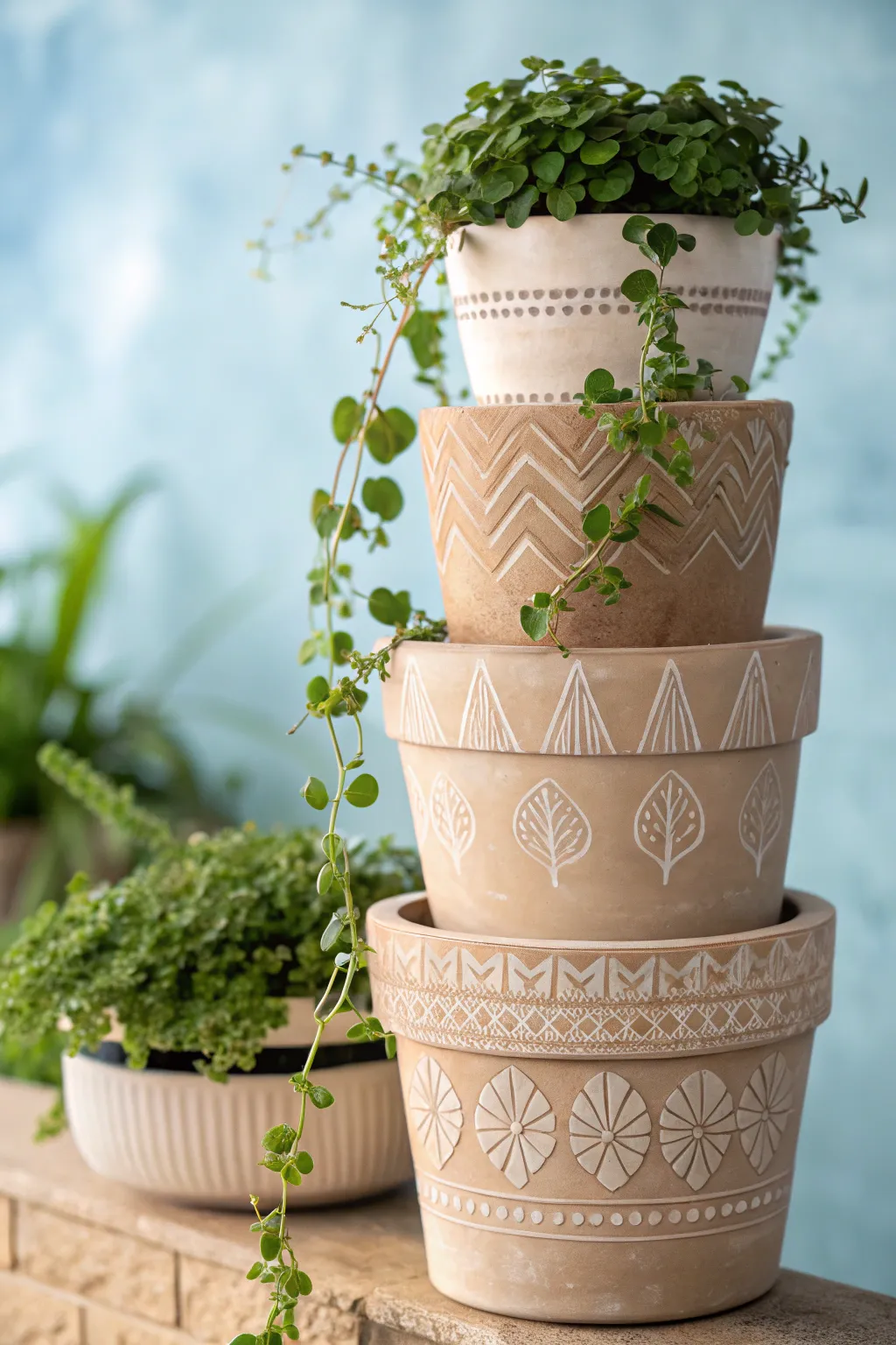 Elevate your garden space with a chic vertical clay pot tower—where simplicity meets natural beauty.