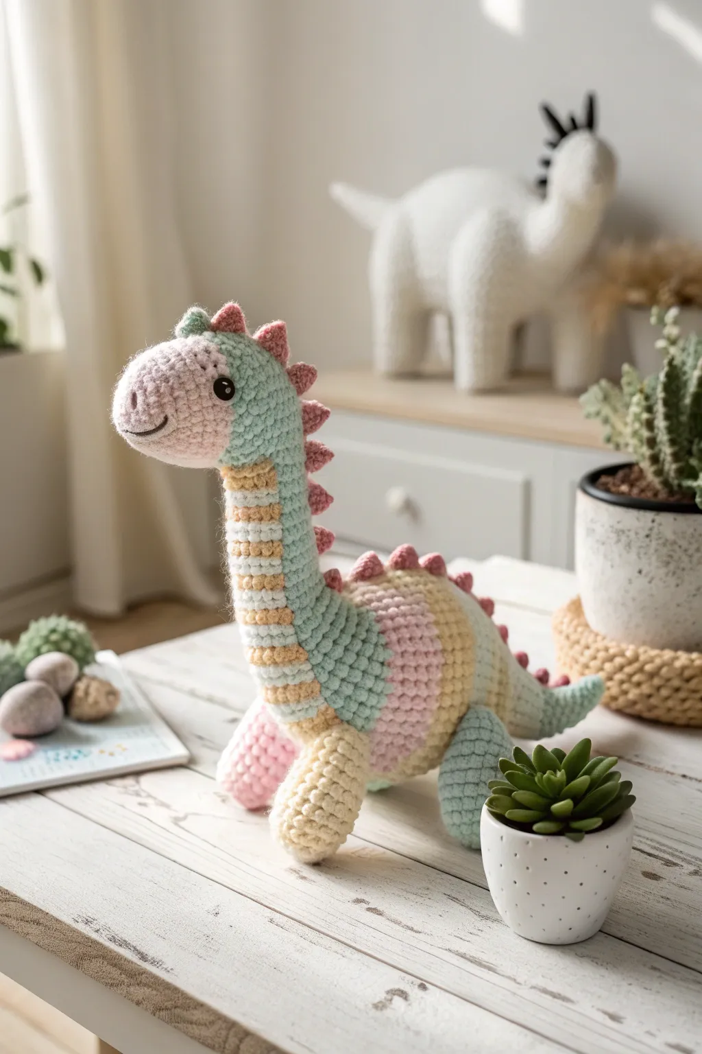 Add a touch of whimsy to your space with this charming crochet dinosaur.