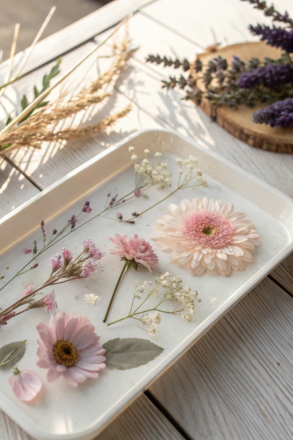 Capture the essence of spring with this exquisite floral embedded resin tray—an elegant addition to any minimalist decor.