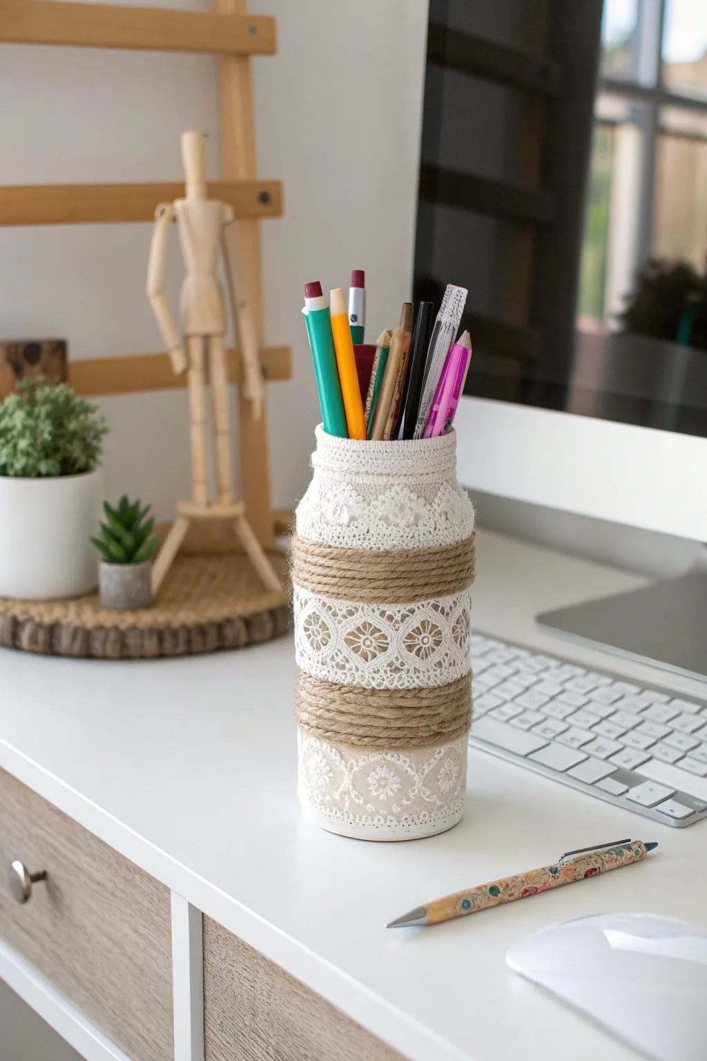 Transform your workspace with a touch of creativity—upcycle plastic bottles into charming desk organizers!