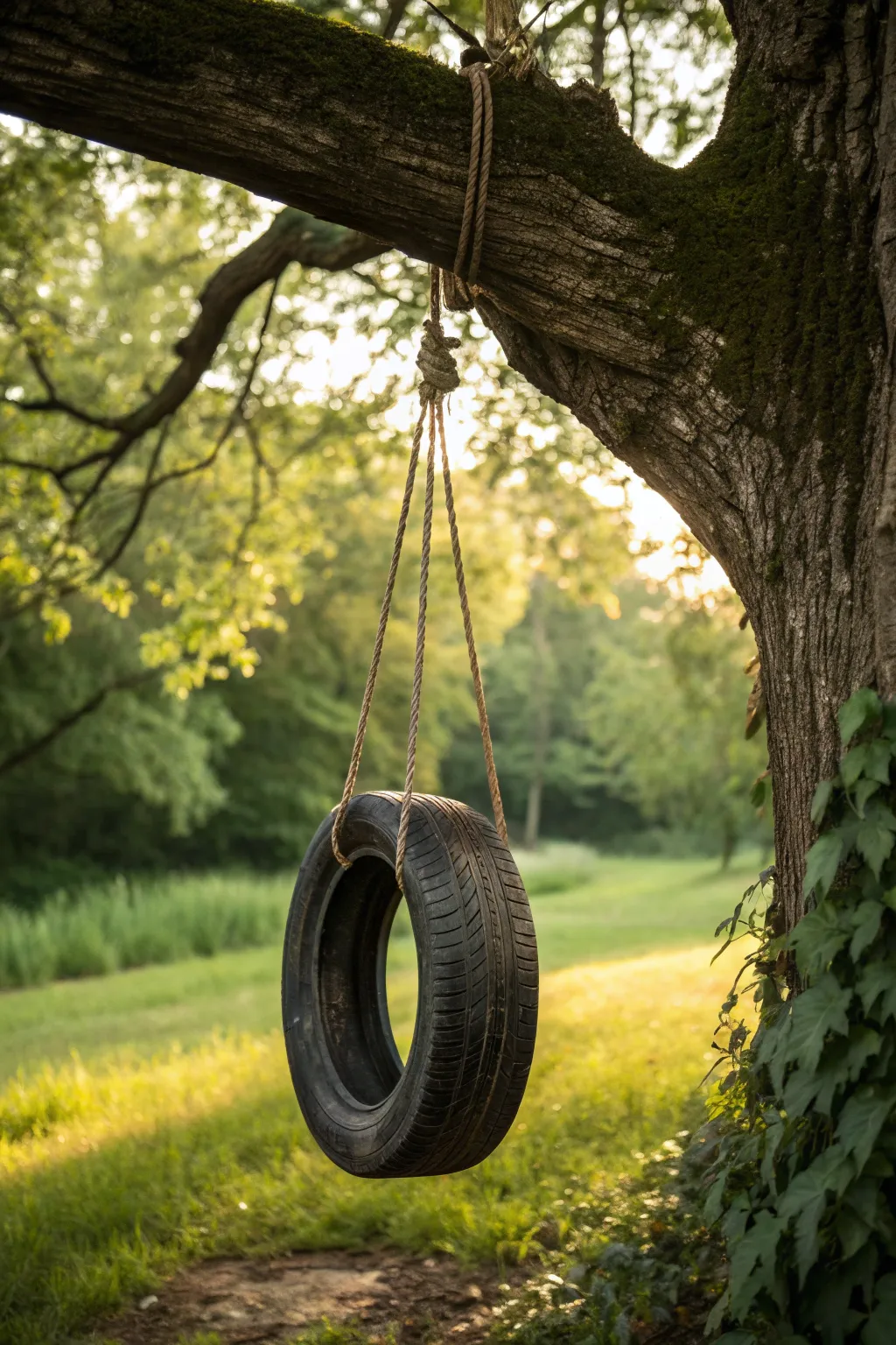 Embrace nostalgia and craftsmanship with this rustic tire swing, a perfect blend of play and nature.