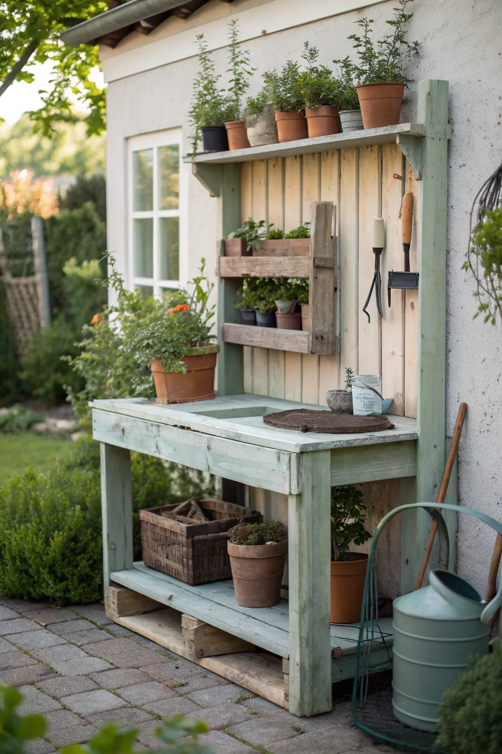 Transform your garden with a handcrafted potting bench made from upcycled pallets - where rustic charm meets functionality.