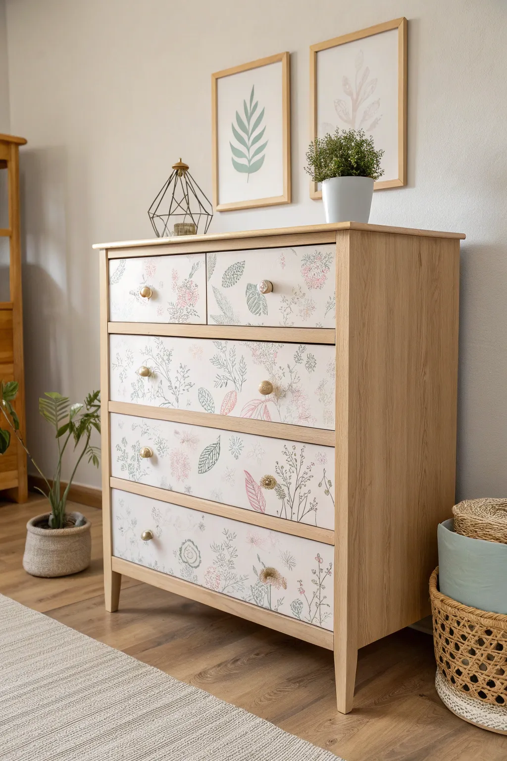 Transform your space with an upcycled dresser, where artistic wallpaper meets minimalist design for a touch of whimsical elegance.