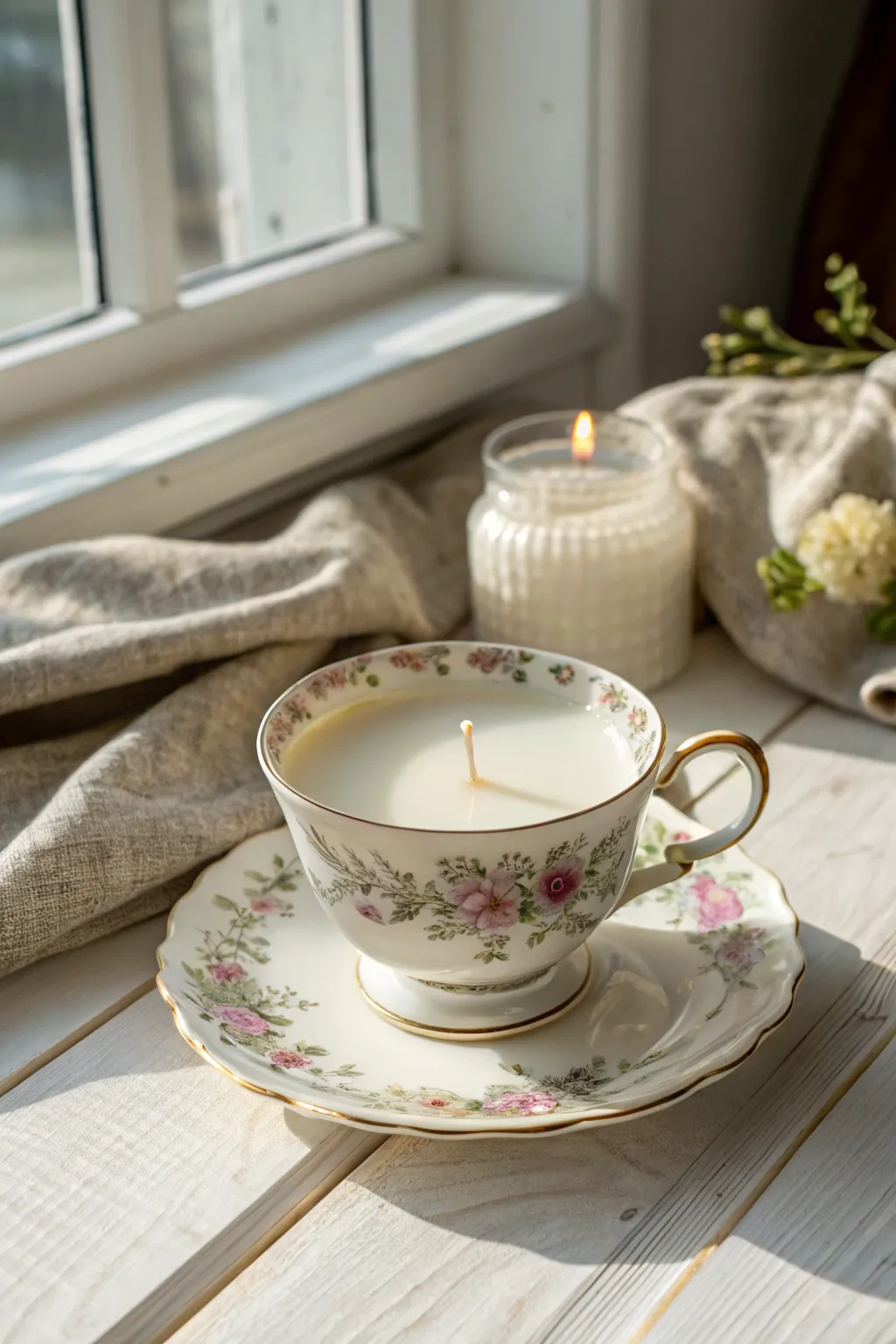 Transform vintage teacups into charming candles that bring warmth and style to your space. #CraftedElegance