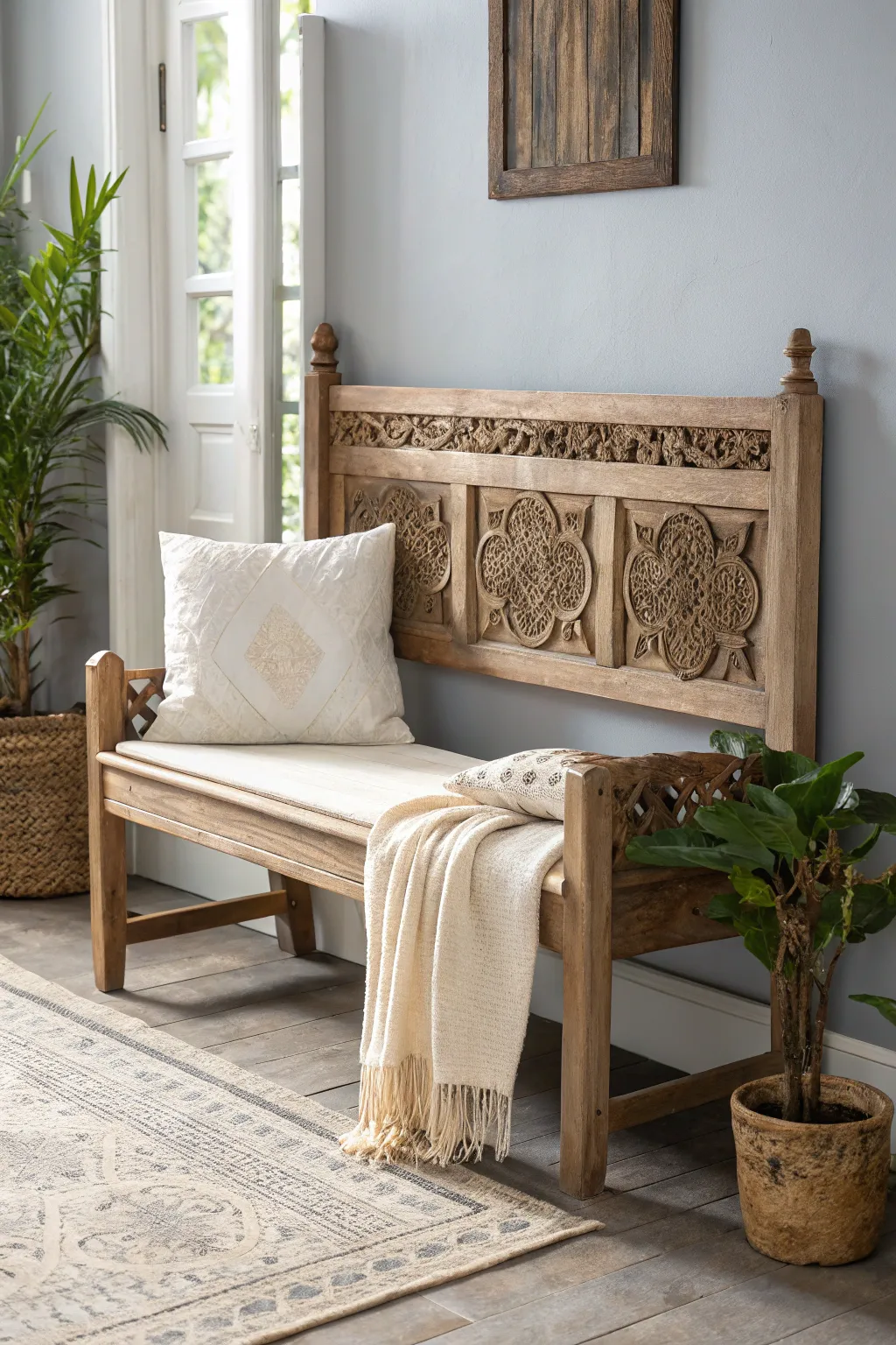 Transform your entryway with a charming headboard bench, where Scandinavian minimalism meets Boho elegance.
