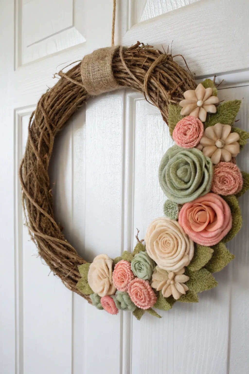 Whimsical charm meets minimalist elegance with this Burlap and Felt Flower Wreath, perfect for adding a touch of vintage beauty to your home.