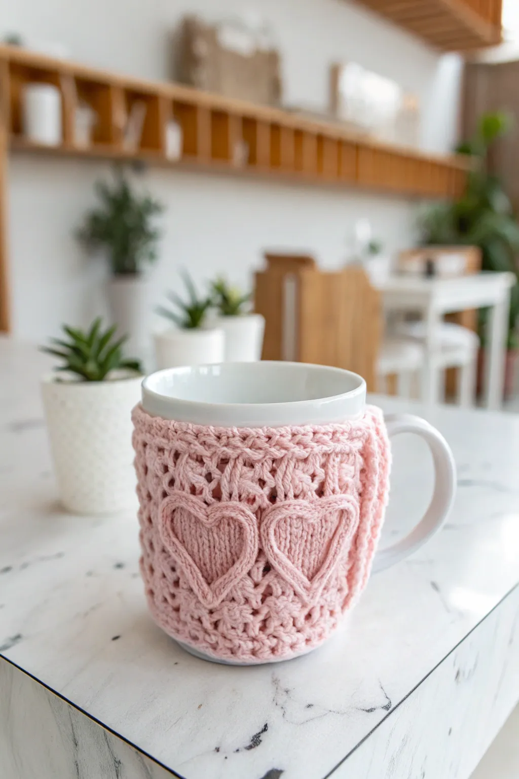 Warmth and charm in every stitch - the perfect Valentine's Day coffee cozy for your favorite brew.