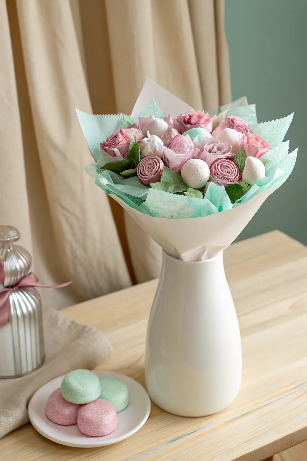 Sweet simplicity: A candy bouquet that captures the essence of Scandinavian minimalism with a Boho twist.
