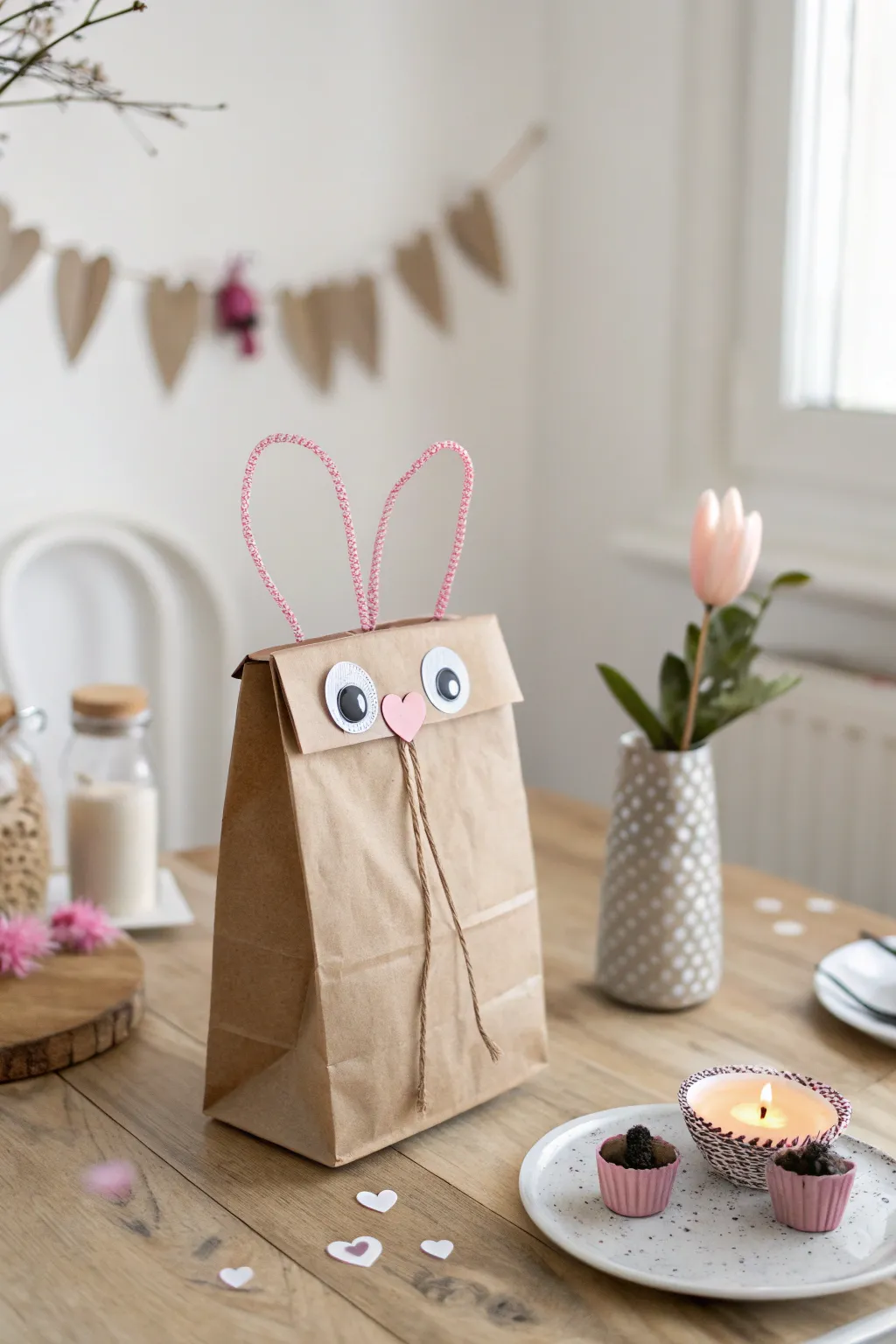 Transform a simple paper bag into a whimsical love bug for Valentine's Day, blending minimalist charm with boho flair.