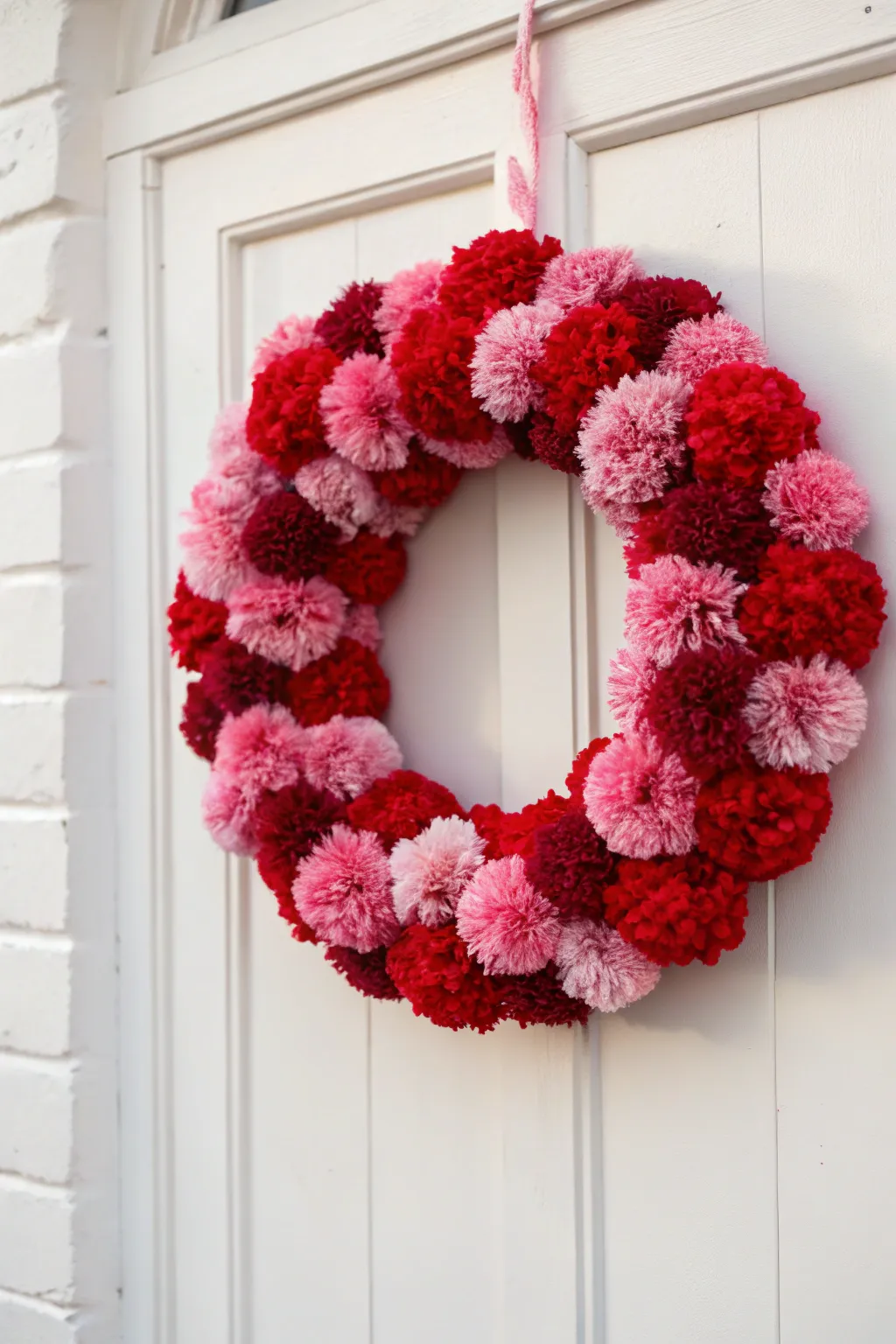 Pompoms add a playful and cozy feel to this Valentine's wreath.