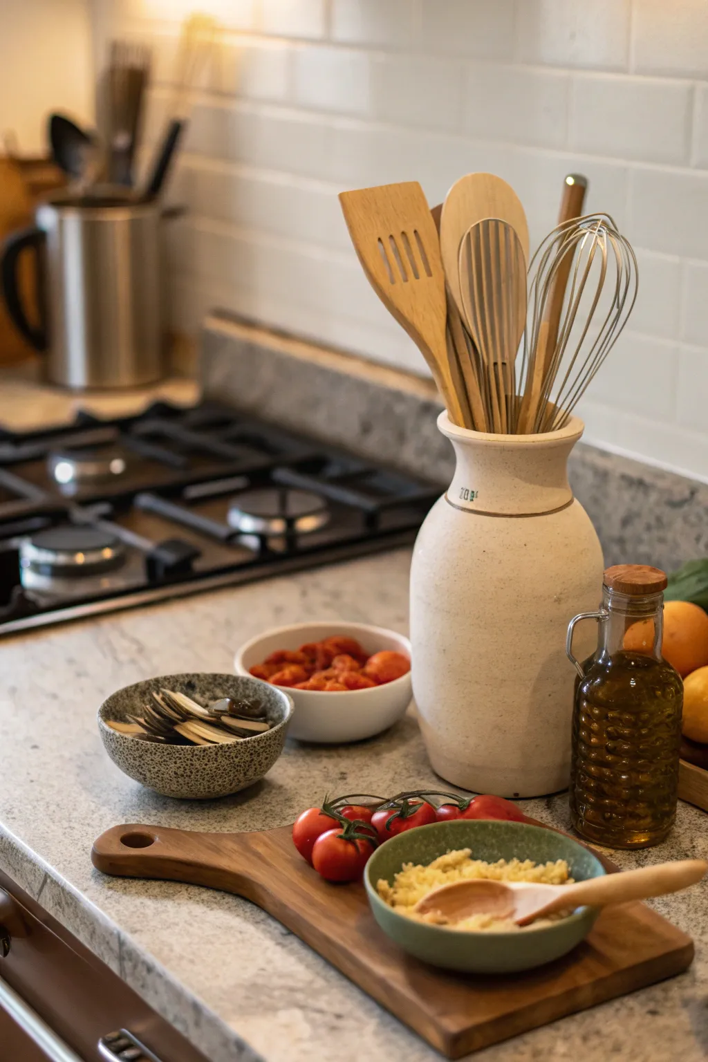 A vase repurposed as a utensil holder adds charm and functionality to a kitchen.