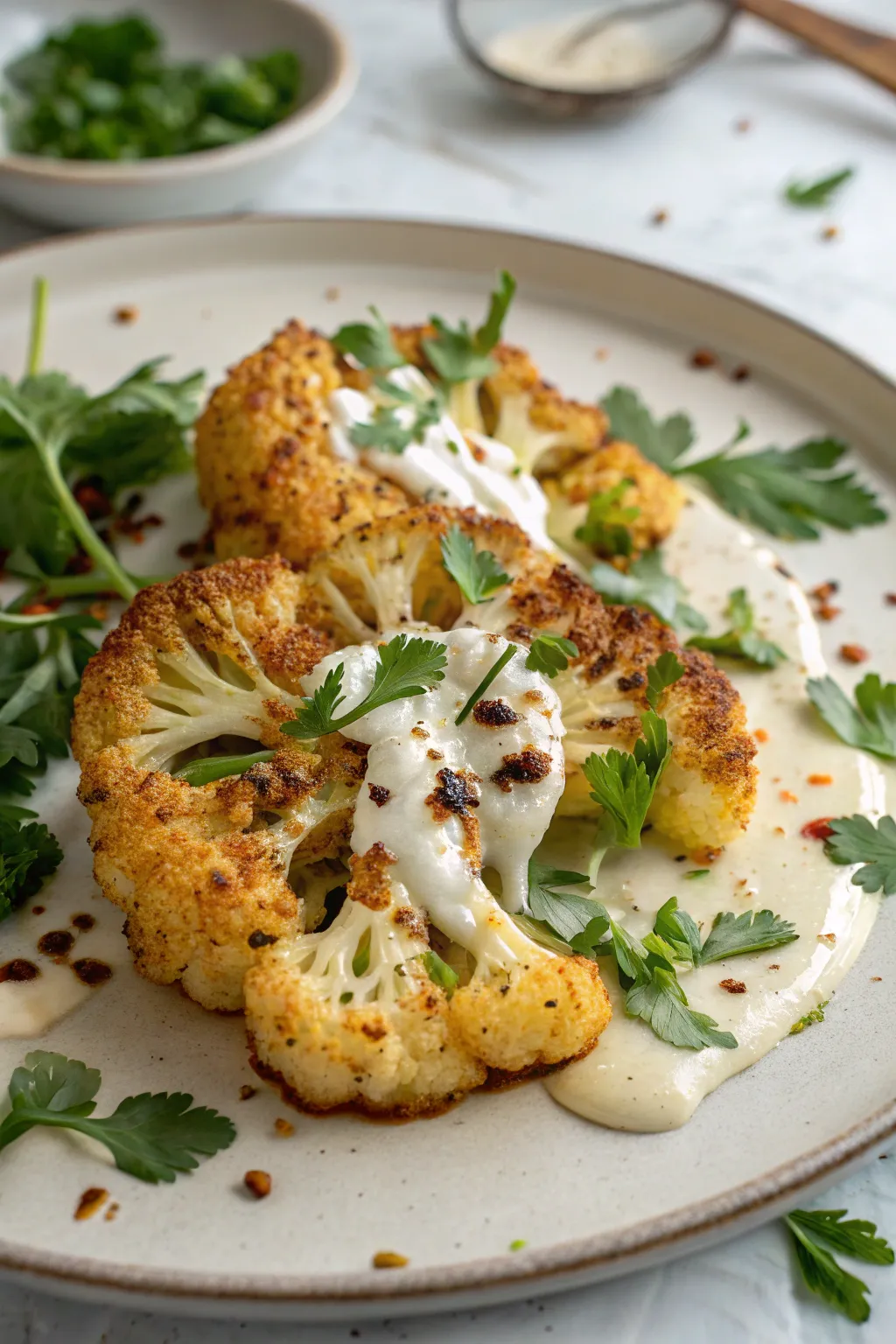 Savory roasted cauliflower steaks with a spicy herb crust.