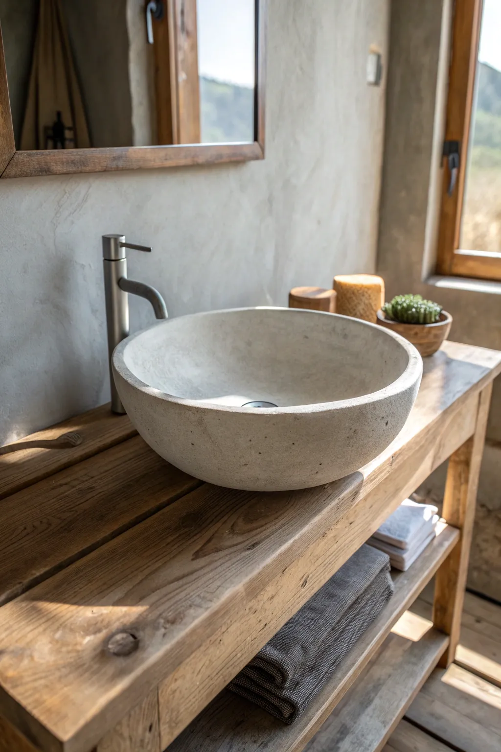 Elevate your space with the raw elegance of a concrete vessel sink—where modern design meets handcrafted artistry.