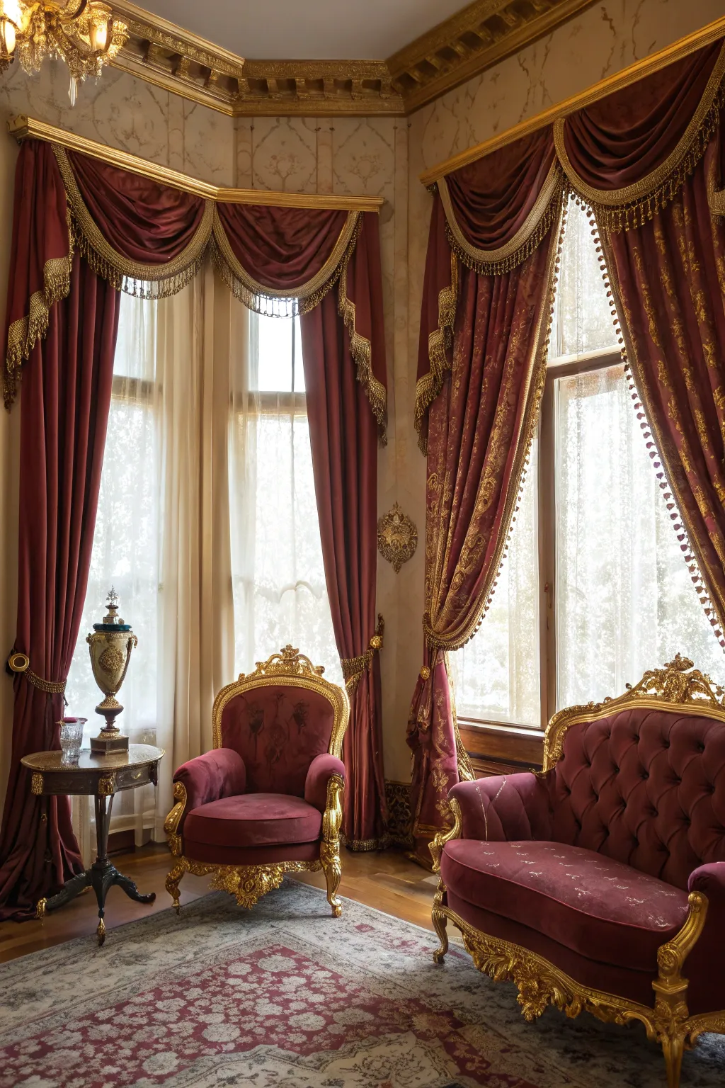 Rich burgundy and gold colors infuse warmth and opulence.